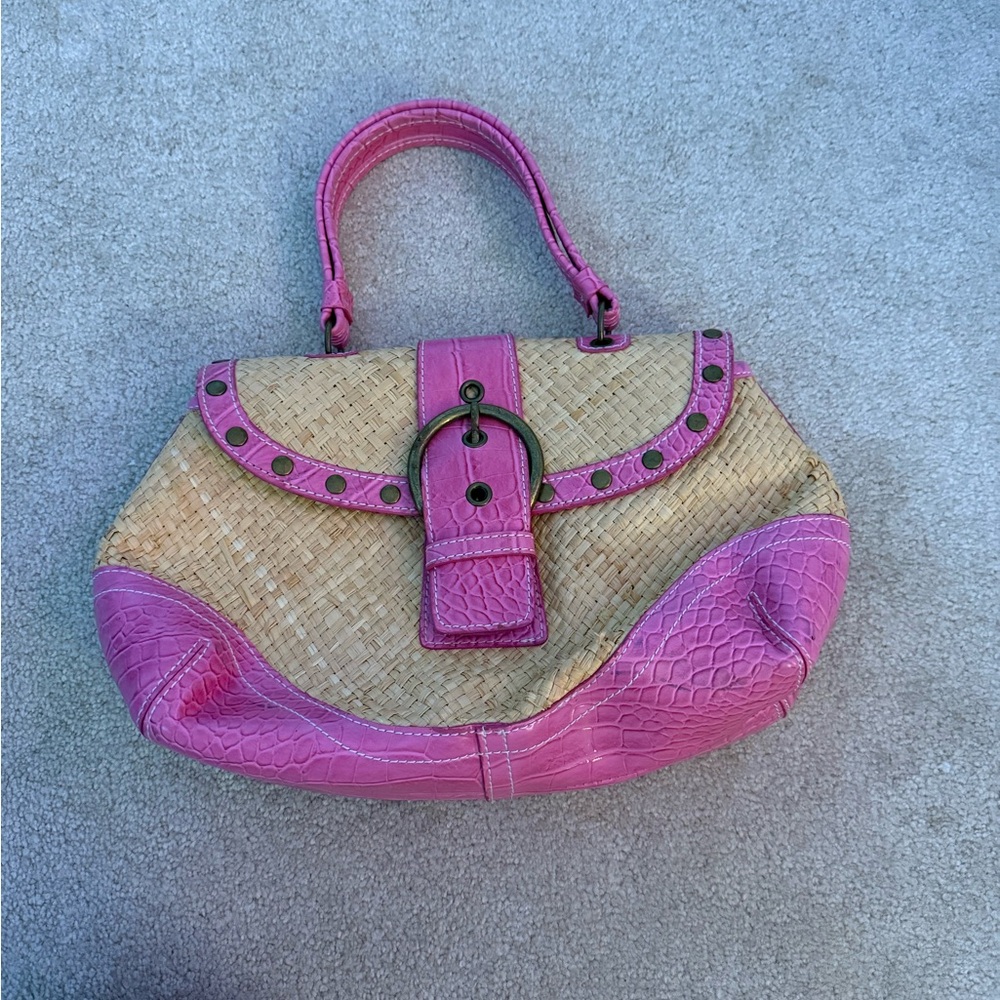 Woven and leather handbag
